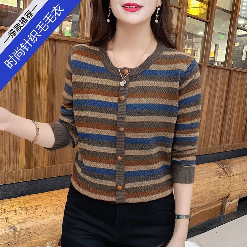 宽松遮肚子时尚圆领拼接条纹针织衫女春秋减龄打底衫显瘦撞色上衣|undefined