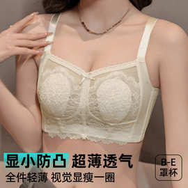 大胸显小固定杯内衣女无钢圈聚拢调整型夏季薄款蕾丝无痕网纱文胸