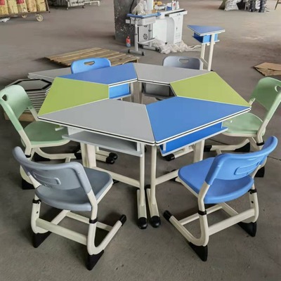 学校六边形拼接桌组合桌梯形桌创客教室课桌椅六角桌团体活动桌椅|ms