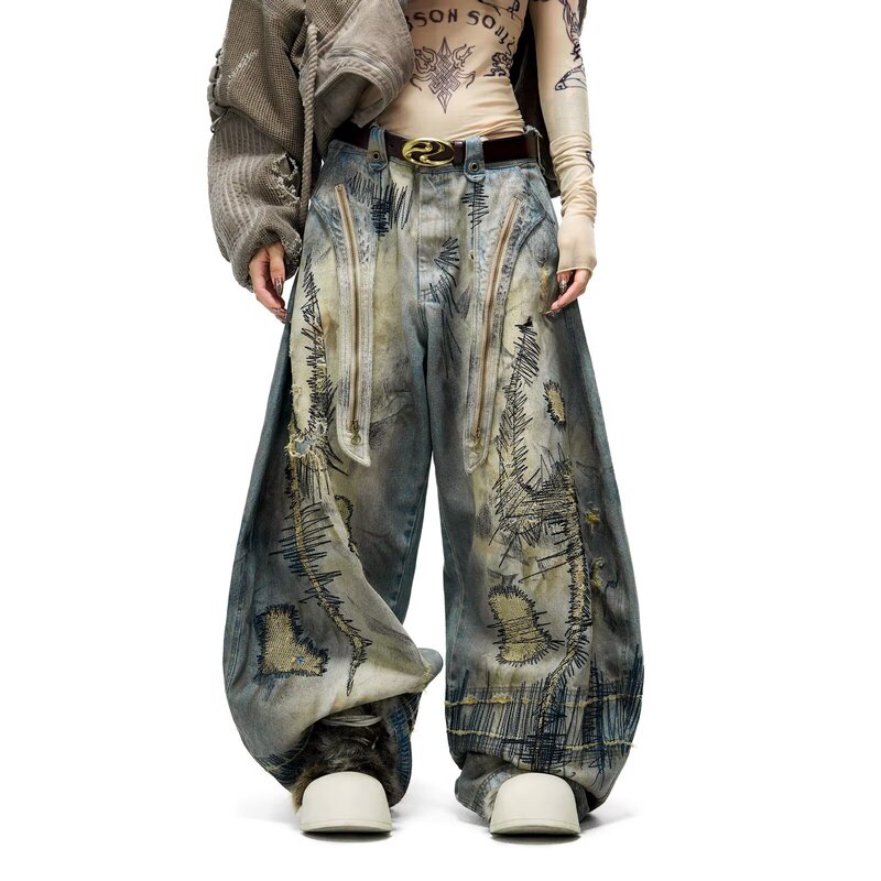 [Exclusively for Cross-Border Trade] Street-Style Heavy-Duty Random Stitch Embroidery Distressed Denim Unisex Wasteland-Style Loose Wide-Leg Pants