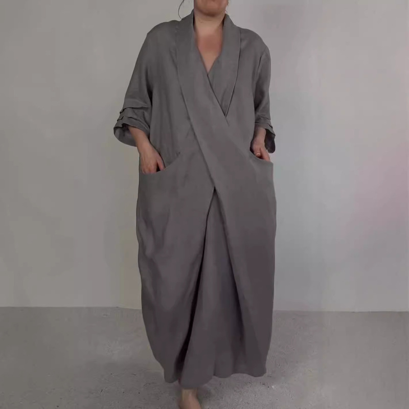 2024 Autumn Independent Station_Linen Bathrobe Skirt Solid Color Casual Big Pocket V Neck Slit with Loose and Easiest for Match