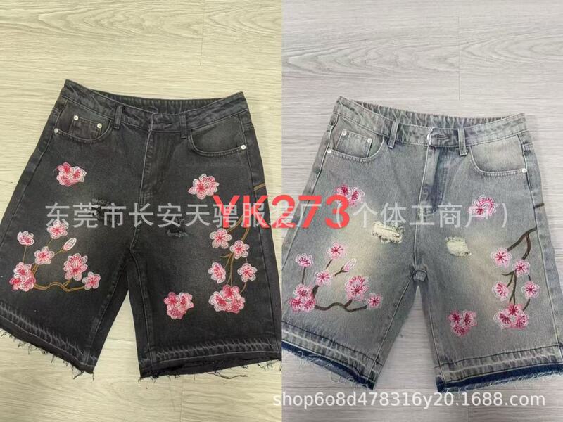 トレンディで多用途なファッショナブルなショートパンツ、クロスボーダー外国貿易、アメリカンレトロなパーソナライズされたストリートフラワー刺繍デニムショートパンツ、男性と女性用|undefined