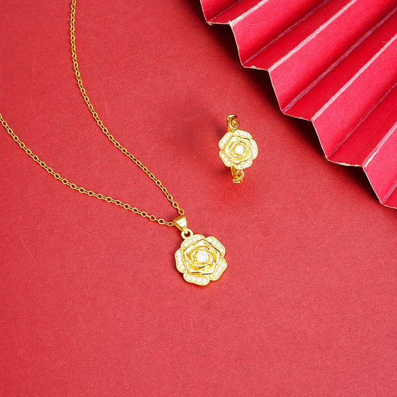 Collar de oro de arena vietnamita diseño de diamantes rosa encaje conjunto de anillos para mujeres lujosas joyas no desvanecidas al por mayor