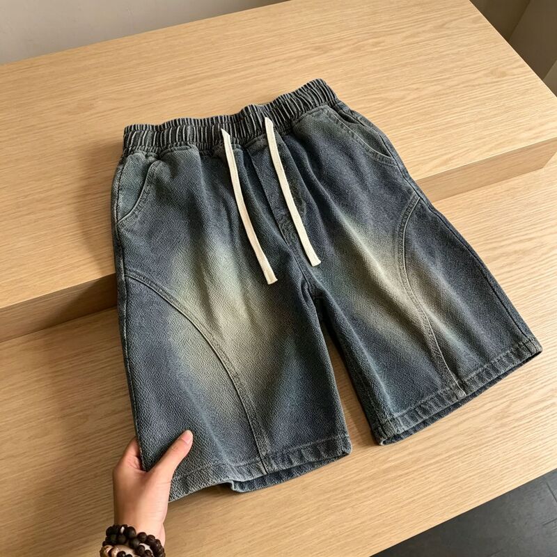 Designed in a Boyfriend Style, Korean-Style Loose-Fitting Denim Mid-Length Pants with Elastic Waistband Designed in a Boyfriend Style, Korean-Style Loose-Fitting Denim Mid-Length Pants with Elastic Waistband
