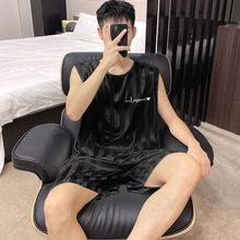 无袖男士睡衣夏季休闲宽松纯色条纹凉感冰丝背心家居服套装可外穿