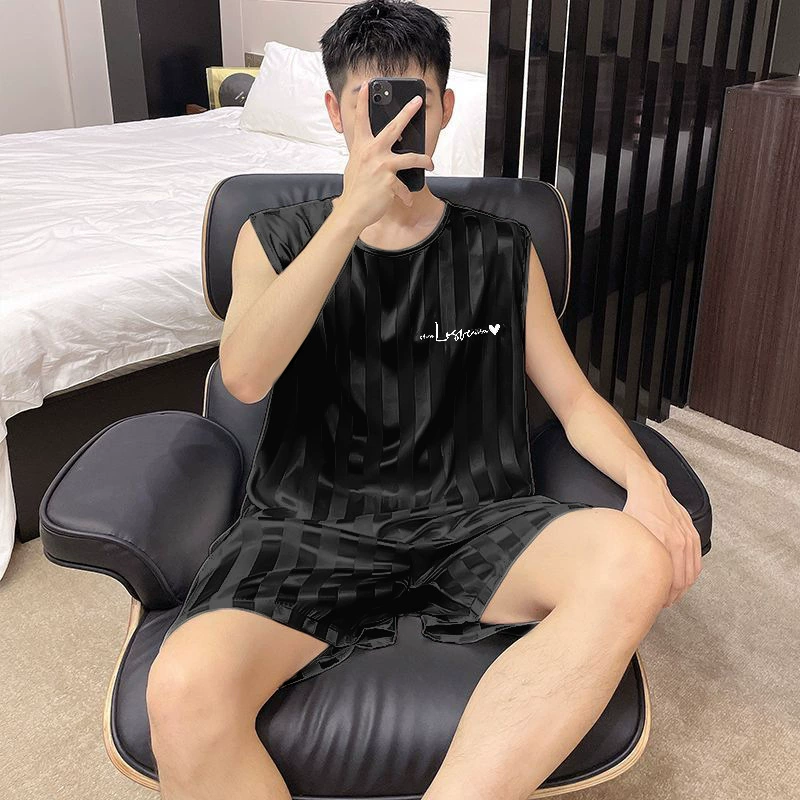 Summer solid pijama sleevless for leisure, silk vest, set