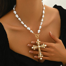 欧美跨境饰品时尚巴洛克仿珍珠锌合金十字架项链女百搭锁骨链项饰