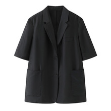 24夏新款黑色宽松西装西装领中袖上衣职场气质女口袋设计外套显瘦
