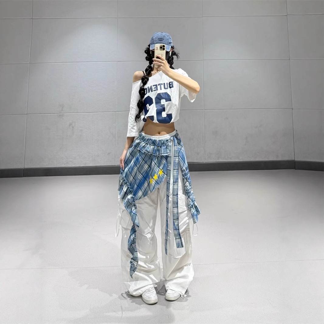 Vintage Plaid Star Print Irregular Ruffle Layered Denim Shorts Set for Women Trendy