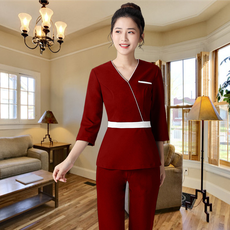 新款美容院美容师工作服女秋冬沐足技师中袖时尚气质长裤套装