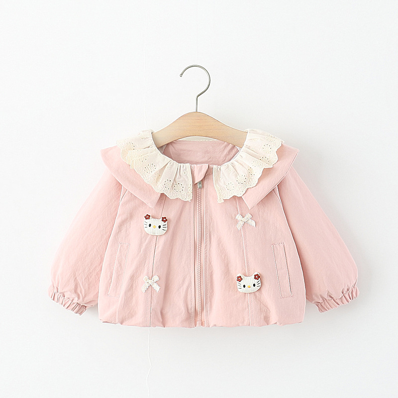 Korean-style toddler spring and autumn coat for girls, lace doll collar, zip-up cardigan, cute bow, loose-fitting short trench coat