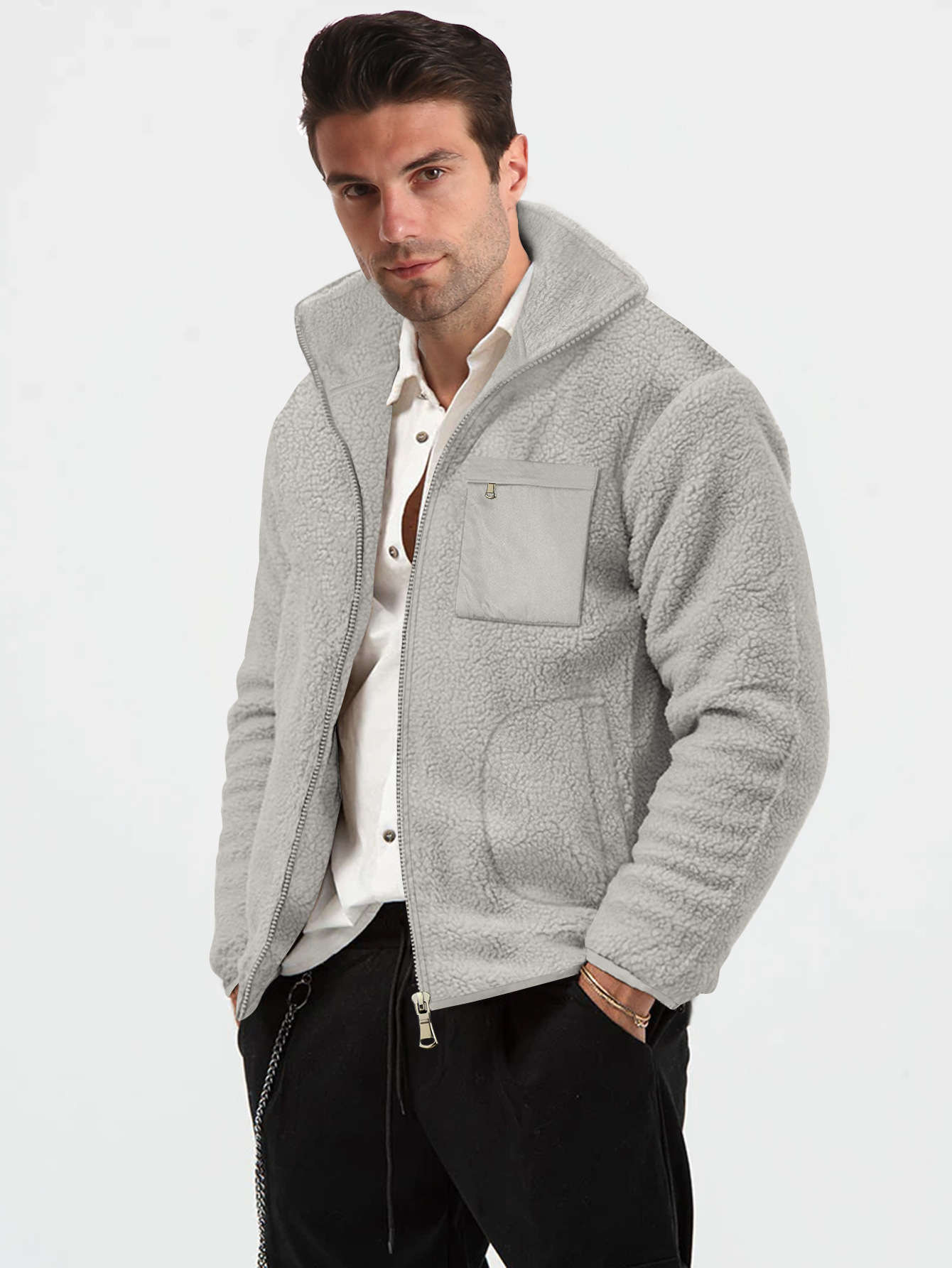 Men's Fleece Jacket Stand Collar Winter Cardigan For Men_voghion.com