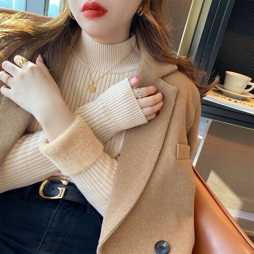 【Bestselling】Women's Long Sleeve Knit Top, Half High Collar Hooded Sweater, Korean Style Innerwear, Fall/Winter