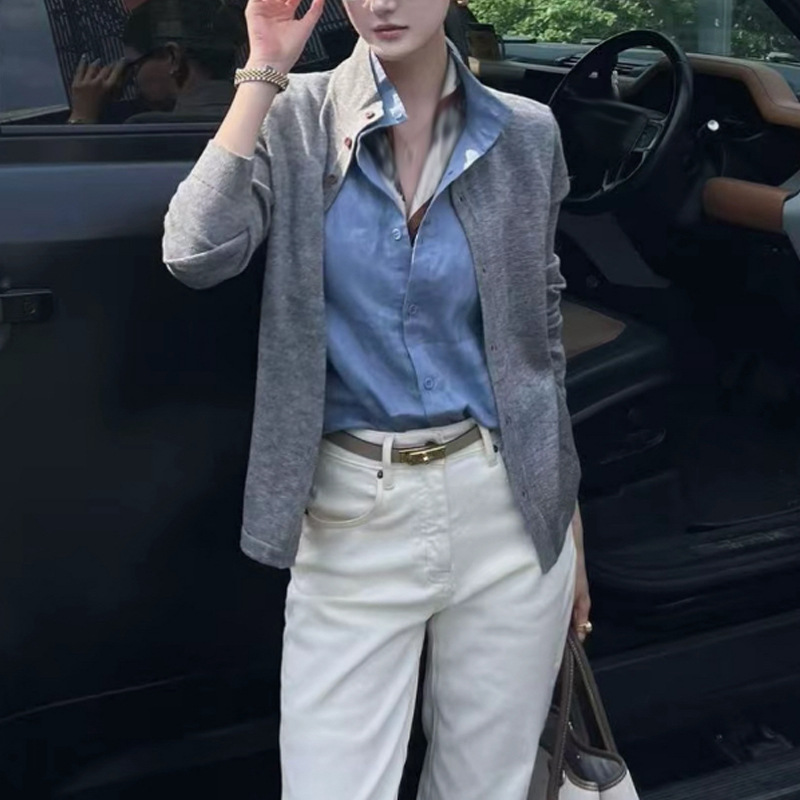 时髦老钱风秋上新亚麻拼接立领假两件针织开衫女薄款通勤上衣2026