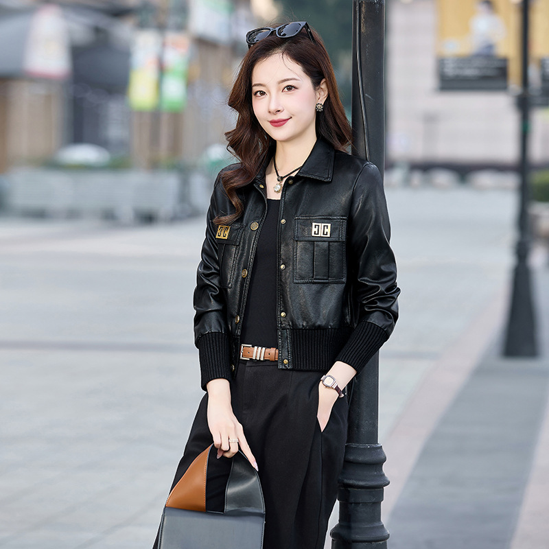 2024 spring new Korean style slim PU leather short coat bag cover C- shaped metal buckle women's leather coat WA8013