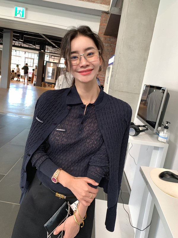 通勤系列 紫标羊毛绞花套装女早秋针织开衫+POLO衫两件套|undefined