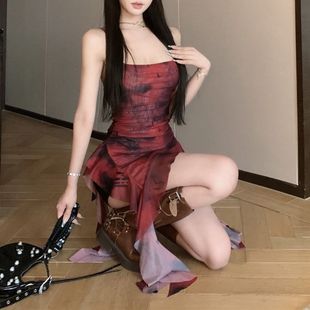 2025 New Style Elegant European and American Style Vintage Printed Ruffled Camisole Thai Irregular Base Top