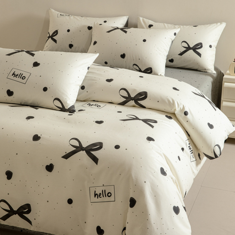 All-Cotton Single-Print Bed Sheet and Fitted Sheet Four-Piece Set with Bow, Girly Style, Warm and Fresh Bedding Three-Piece Set