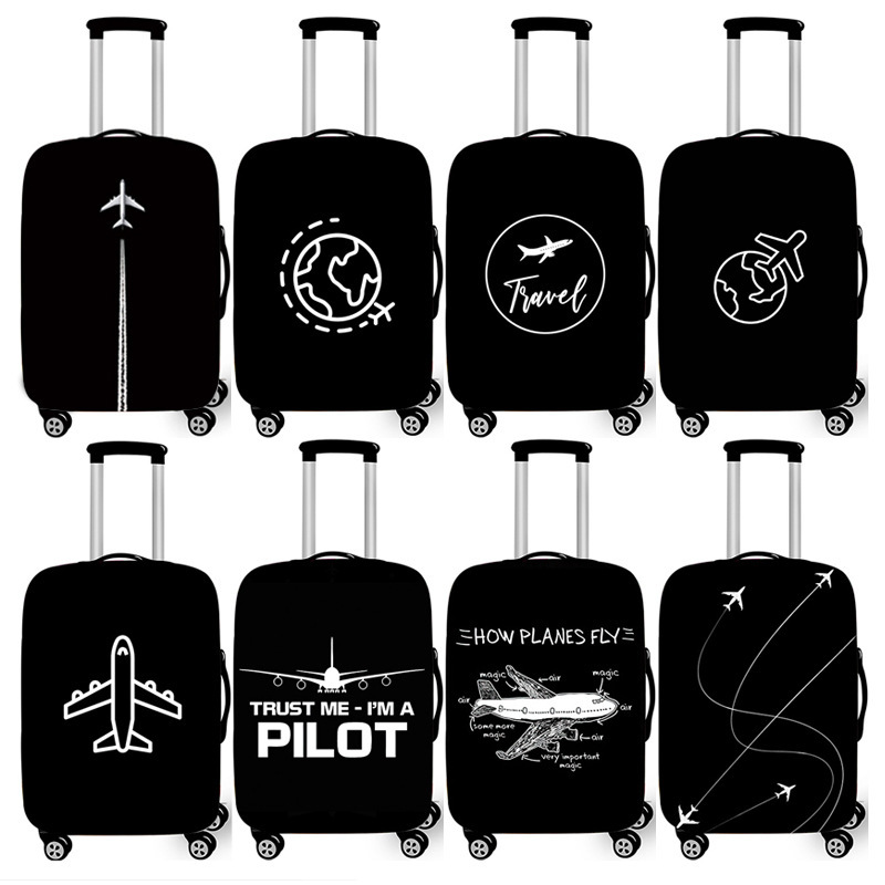 Black Simple Airplane Printed Elastic Suitcase Suitcase Protective Cover Travel Trolley Case Universal Wheel Dustproof Outer Cover
