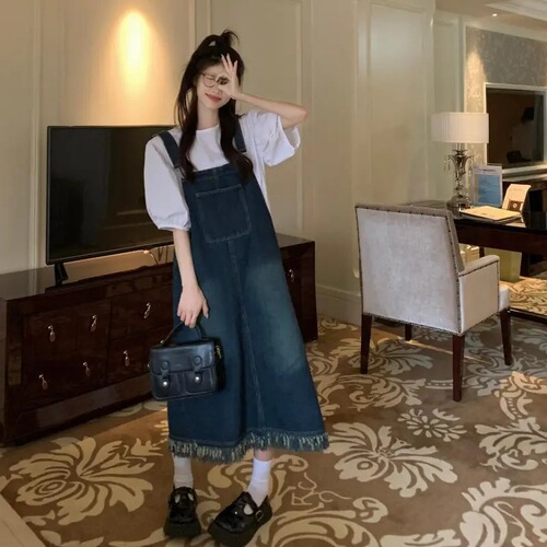 Two-Piece Sweet French Tea Party Dress with Denim Fringe Belts for Children and Students + Bubbling Sleeve Shirt