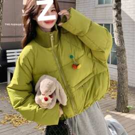 绿色针织立领短款羽绒服女2025冬季新款小个子加厚面包服图片色