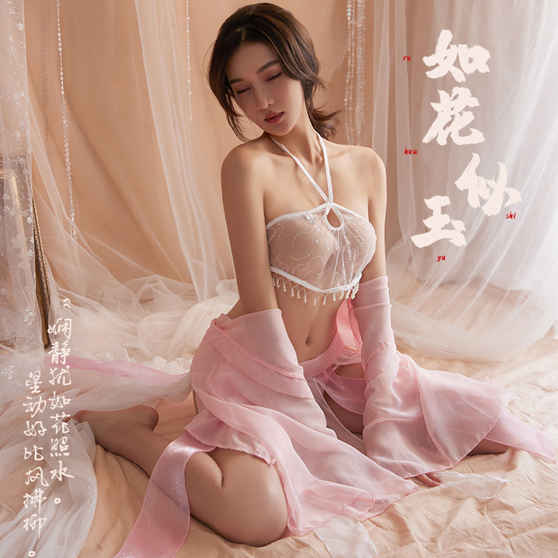 Ropa interior erótica encantador retro tul perspectiva seducción perla borla vientre bolsillo atado falda traje exótico