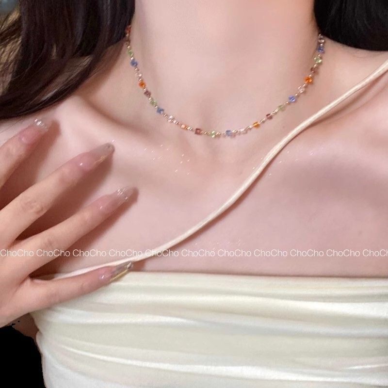 Colorful Beaded Love Necklace Women's Summer Sweet All-match Niche Design Beaded Stacked Necklace Collarbone Chain Accessories