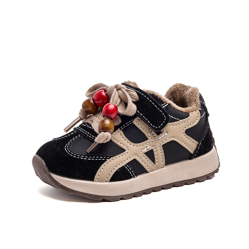 Baskets d'hiver doublées en peluche pour enfants – Bottines unisexes en polaire avec semelle souple en EVA (Noir/Rouge, Pointures 21-30, Antidérapantes et chaudes)_voghion.com