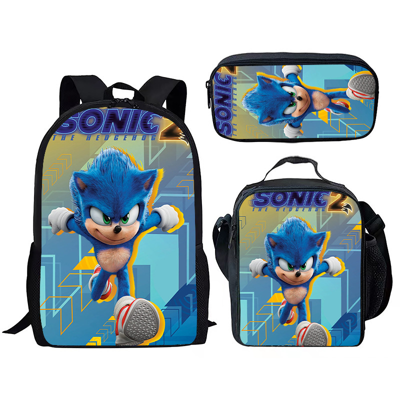Cross-border New Sonic Sonic School Bag Three-piece Set Primary School Student Animation Backpack Lunch Bag Pencil Bag Three-piece Set