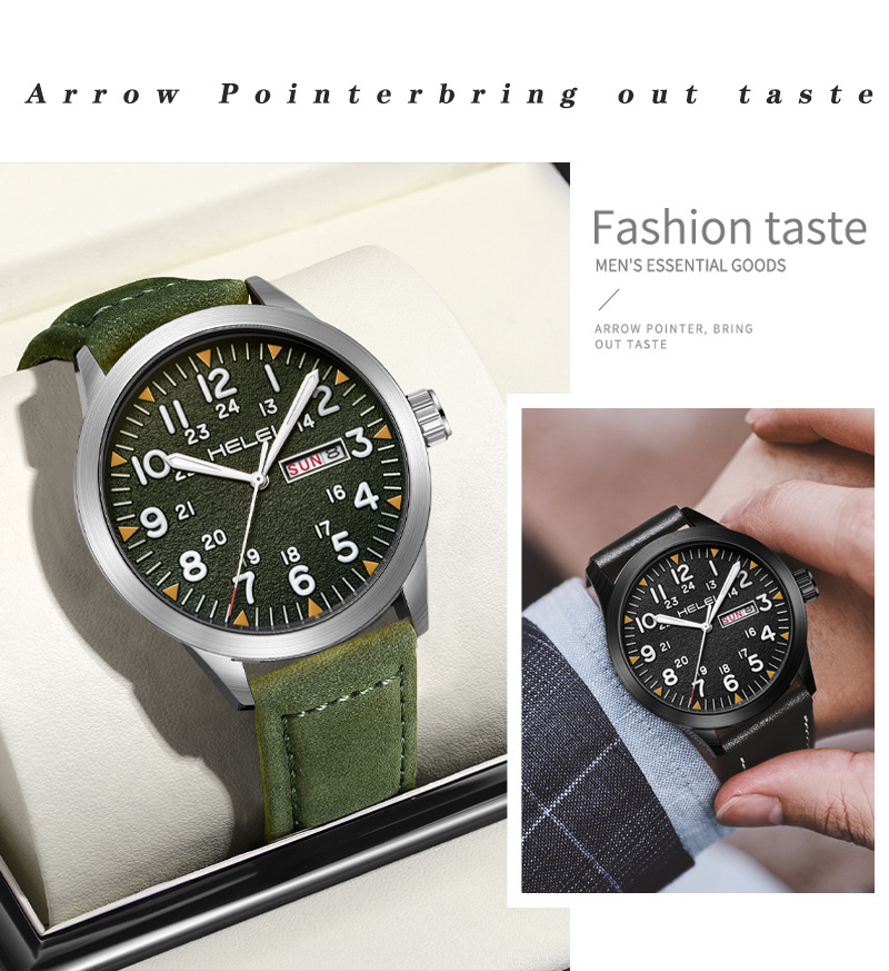 New Brand HELEI Men's Watch Genuine Leather Waterproof Luminous Wrist Watch Quartz Watch Calendar Week Display_voghion.com