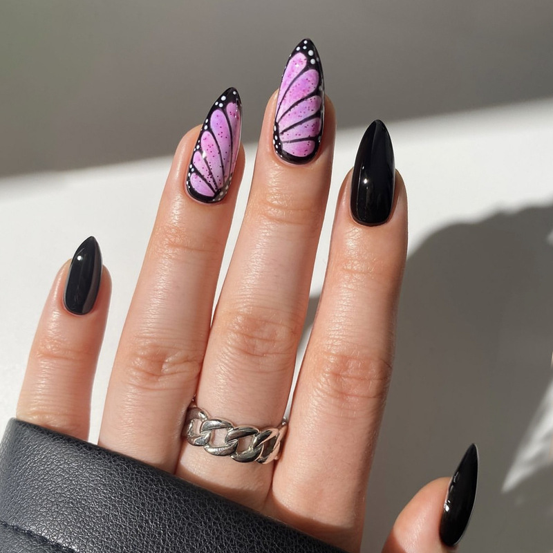 Autumn and Winter Wear Armor Almond-shaped Gradient Wave Dot Butterfly Wings Removable Fake Nail Nail Patch Nails