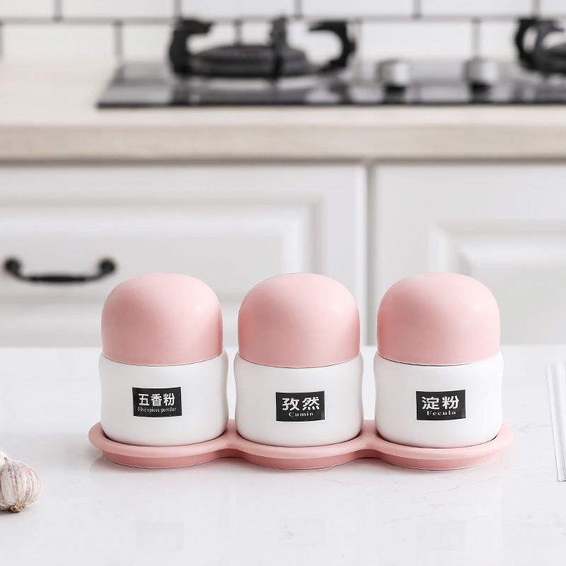 Tres latas de gorra redonda rosa + bandeja de cerámica + cuchara + pegatinas