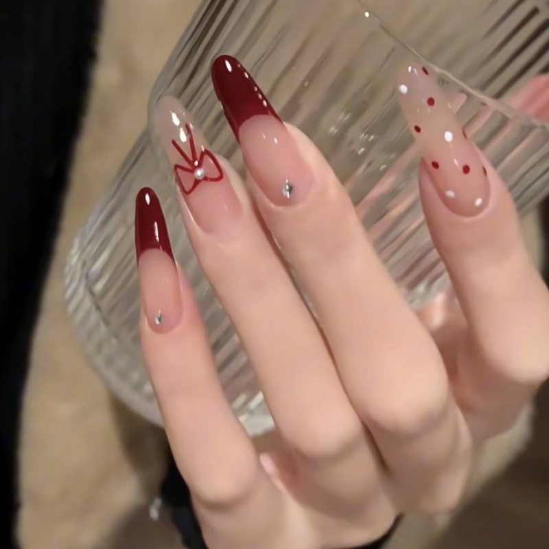 2026 New Year Red French-Style Polka Dot Bowknot Press-On Nails, High-End Elegant, Complexion-Enhancing, Light Luxury New Year Manicure
