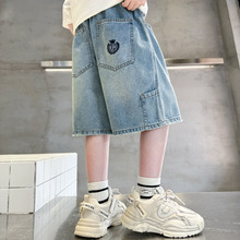 男童软牛仔短裤宽松夏季薄款裤子2025新款中大童字母刺绣五分裤潮