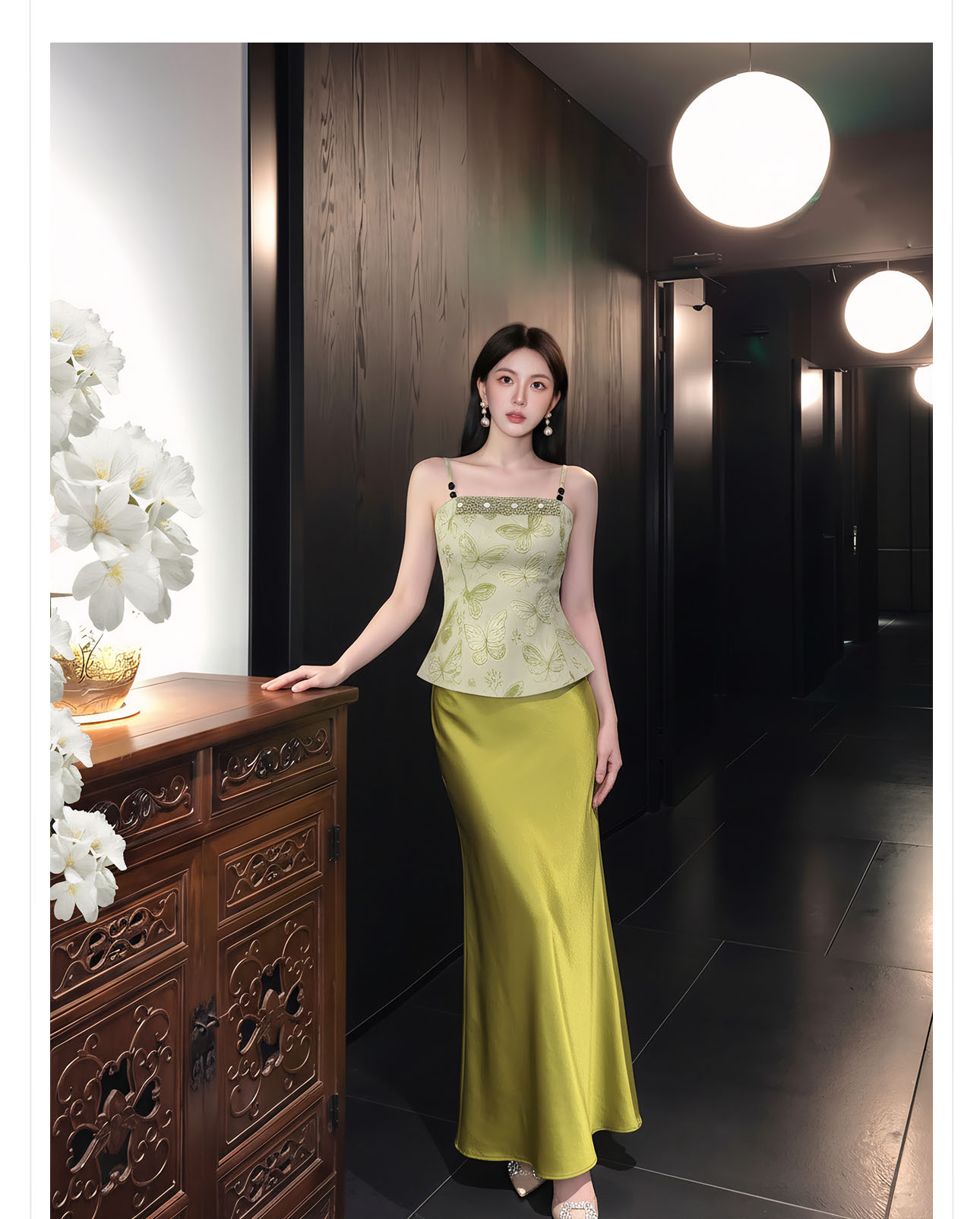Bộ đầm maxi thắt eo phong cách Tân Trung Hoa thêu ren cổ điển — bộ đồ, Trang chủ, Màu xanh lá cây nửa váy chi tiết 8