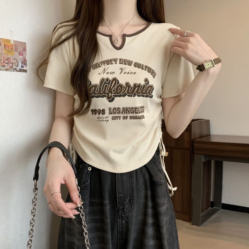 大码美式复古甜辣短袖t恤女2025夏季新款小个子短款显瘦抽绳上衣|undefined