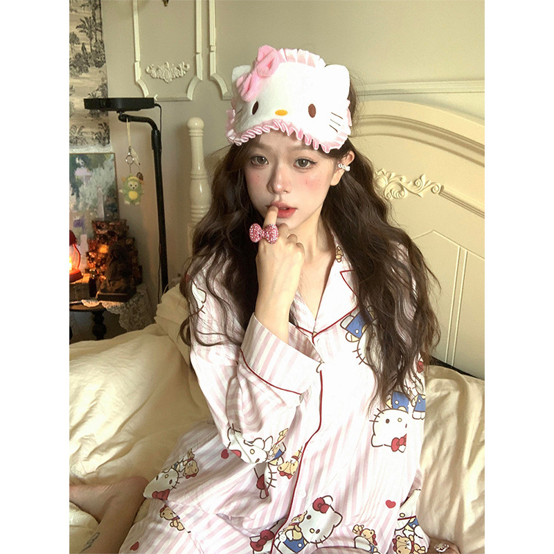 卡通Hellokitty印花长袖睡衣女春秋季甜美可爱长裤家居服休闲套装|undefined