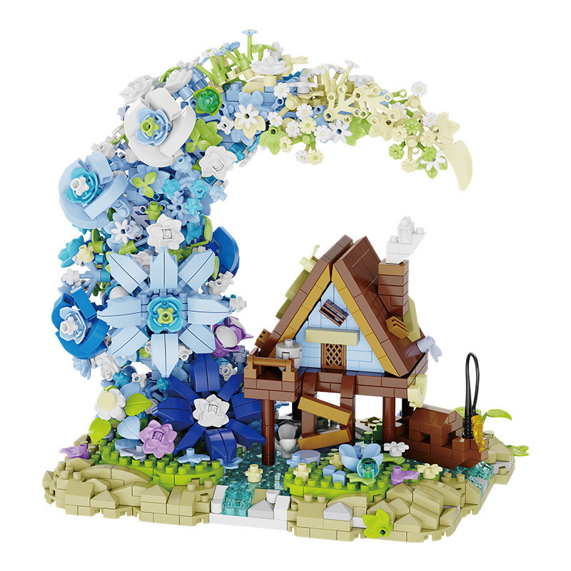 Compatible con cuento de hadas luna casa de madera alta imortalidad ramo de flores vista de la calle ensamblaje bloques de construcción juguetes para niños regalos de día de San Valentín