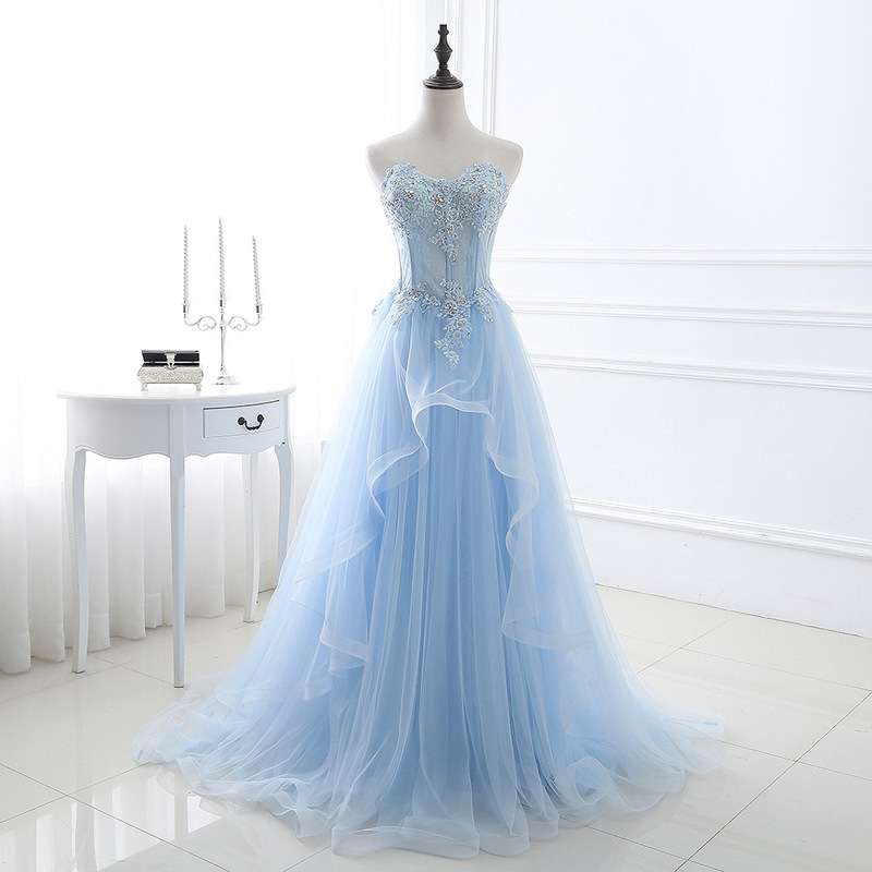 Blue Strapless Evening Dress Student Art Test Performance Prom Party Temperament Annual Meeting Dinner Host Dress