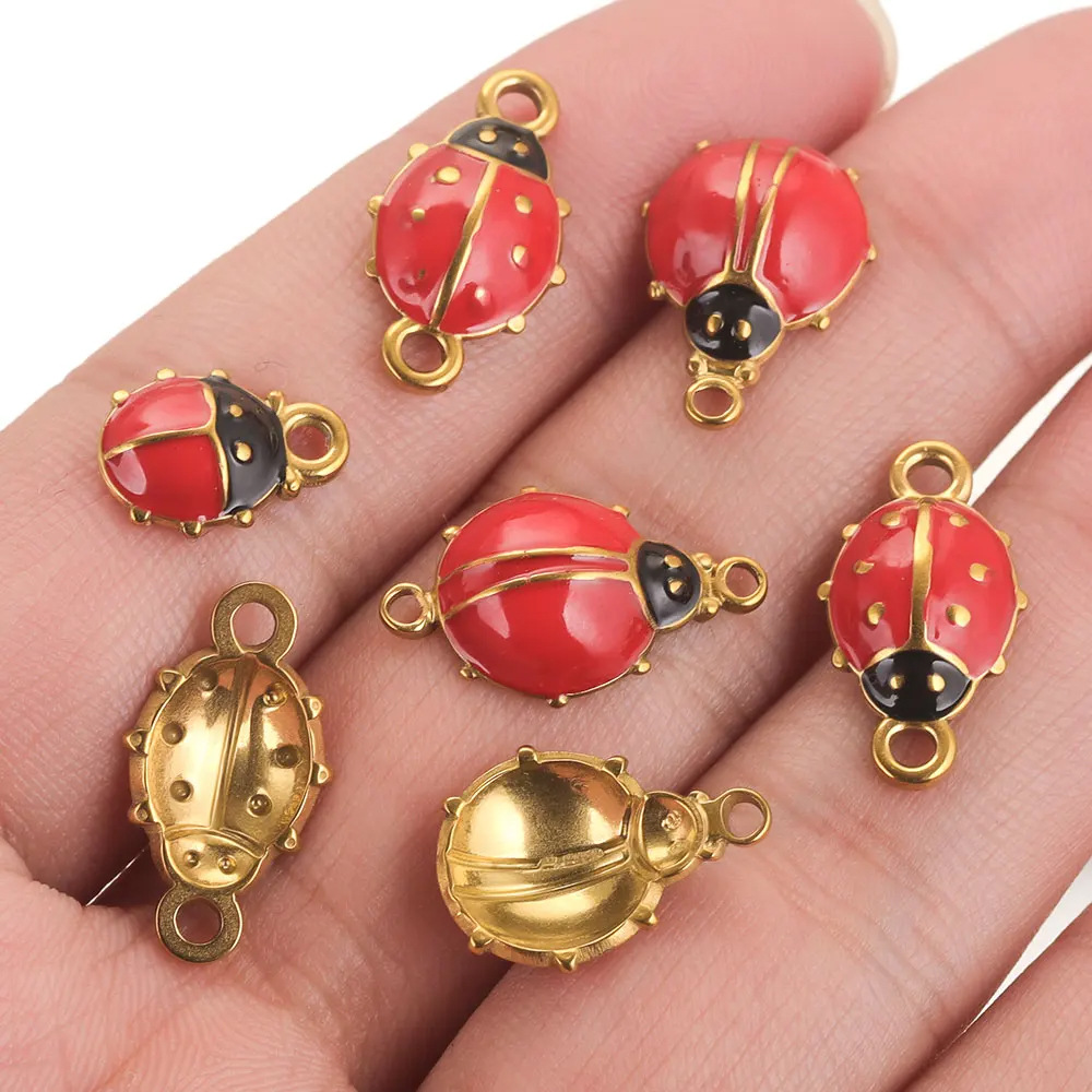 Real Gold Plated Plating Material DIY Jewelry Accessories Classification 10 PCS/Package 12*16mm 304 Stainless Steel PVD Coated Real Gold Plated Ladybugs Pendant DIY Jewelry Accessories