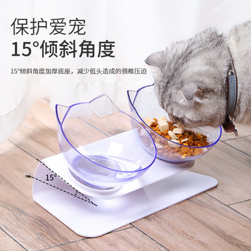 Cruz-frontera caliente gato tazón inclinación 15 grados anti-knock comida tazón de beber y comer conjunto de suministros de mascotas de doble uso en stock al por mayor