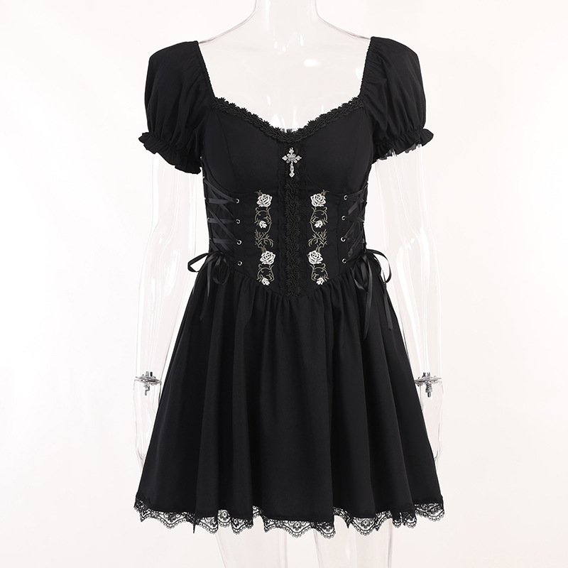 Gothic A-line Dress - Elegant Grunge Ruched Black Partywear for Women