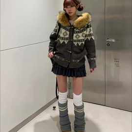 【大版】秋冬季加厚撞色费尔岛提花可拆卸毛领针织衫设计感毛衣外