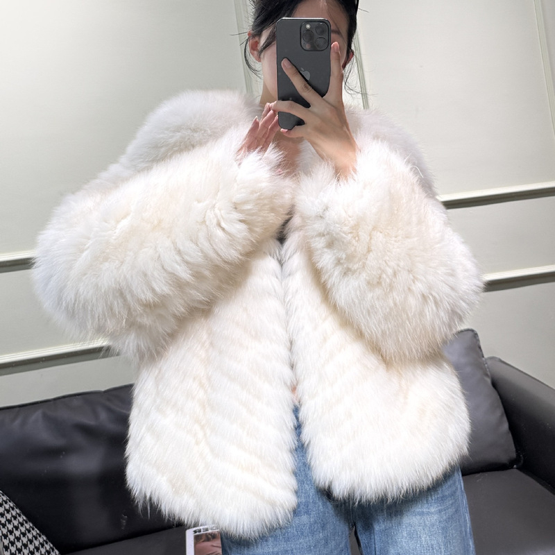 Real Shot of Large Size Fox Fur Striped Wide Version Korean Style Young Style Fur Outwear Real Fur Haining Fur Outwear