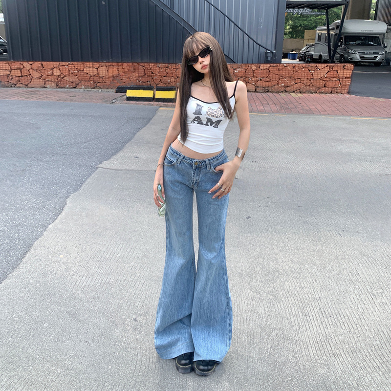 竹节纹低腰微喇牛仔裤女2025年秋冬新款辣妹显瘦百搭马蹄喇叭裤子|undefined