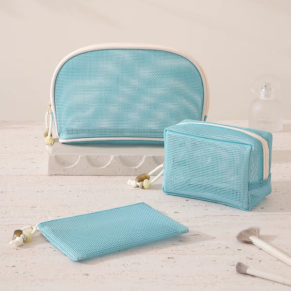 Runhui's new plain series makeup storage bag is ultra-light and portable, a three-piece mesh makeup bag set for wholesale