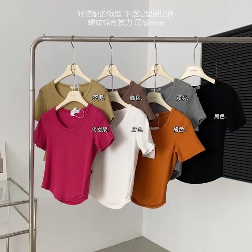 260g thread cotton summer basic versatile plus-size short-sleeved T-shirt with half-knuckle curved hem for women