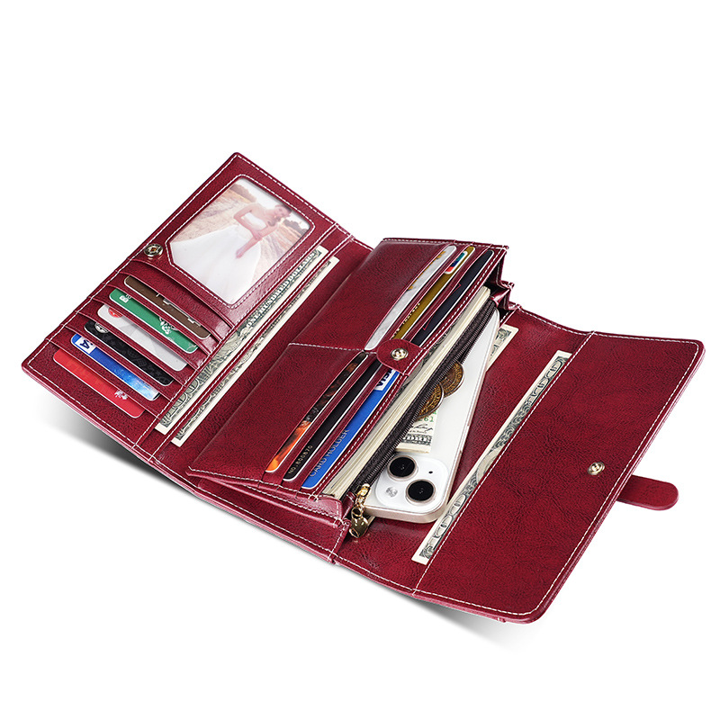 Women's Genuine Leather Wallet High-End Long Clutch Oil Wax Leather Vintage Multifunctional RFID Blocking Wallet - Thumbnail 4