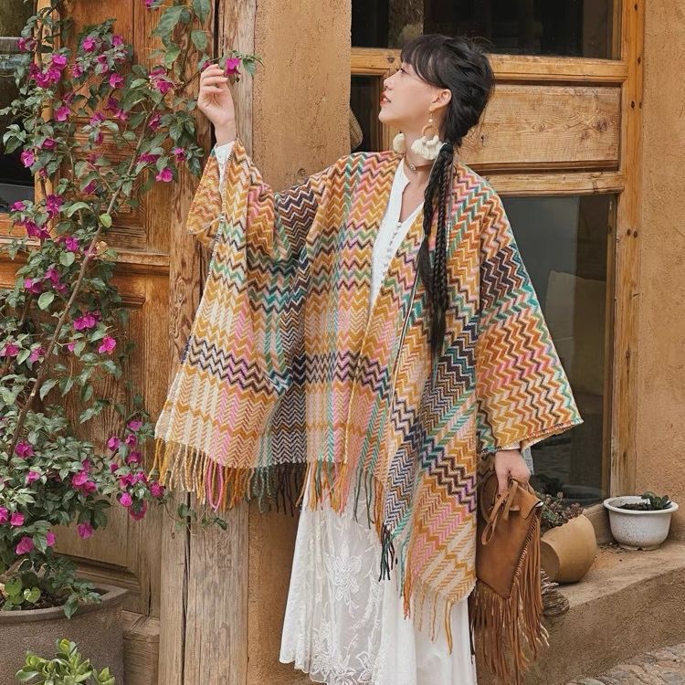 Turismo Estilo étnico chal ondulado con mangas chal de punto para mujer otoño e invierno engrosamiento cálido Yunnan Lijiang