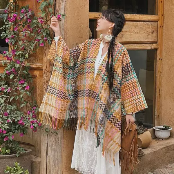 Tourism Ethnic Style Wave Pattern Shawl with Sleeve Knitted Shawl Women's Autumn and Winter Thickened Warm Yunnan Lijiang Photo Tour